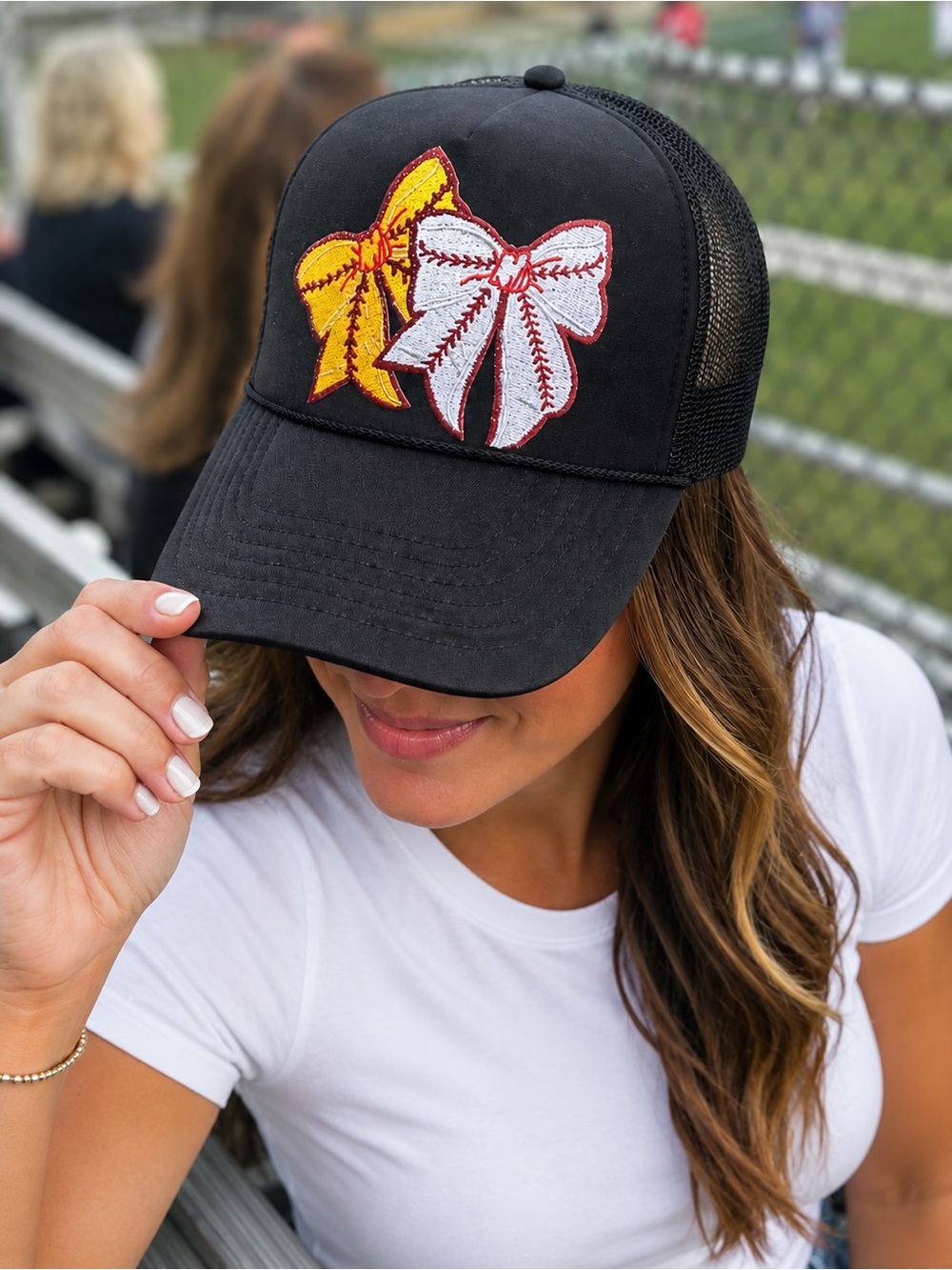 Sports Mom Black Trucker Hat Baseball Softball Bow Embroidered Game Day Cap Otto